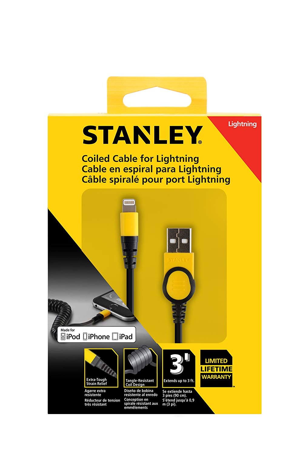 Stanley 131-9550-ST2 Coiled Lightning USB Cable for iPod/iPad/iPhone, Nylon