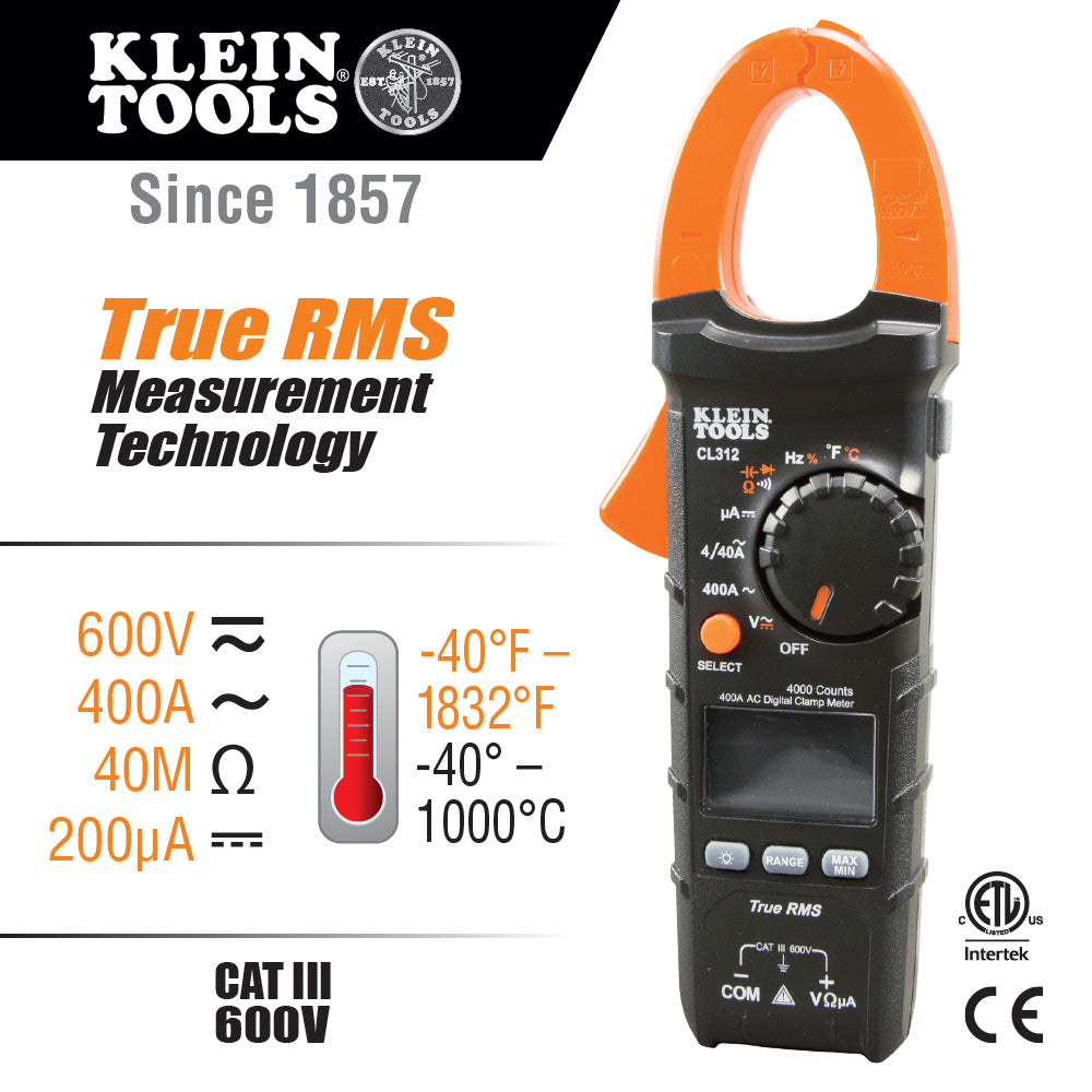 Klein Tools CL312 Auto-Ranging True RMS 400A AC Digital Clamp Meter for HVAC
