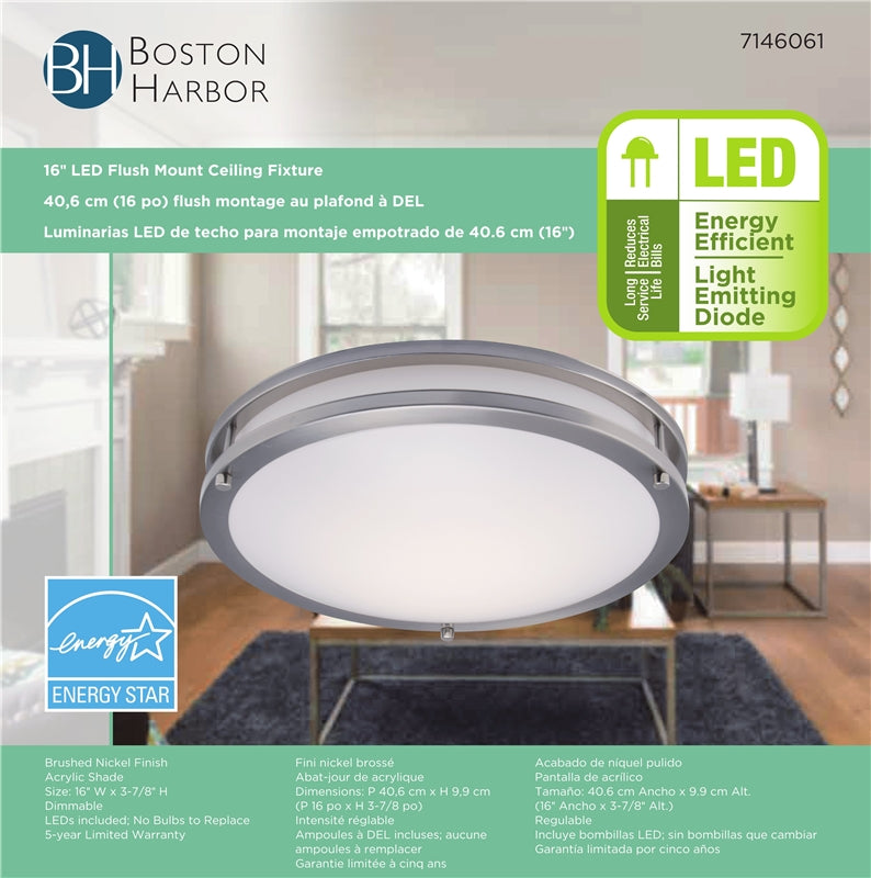 Boston Harbor CL202AC Flush Mount Ceiling Light Fixture, Brushed Nickel
