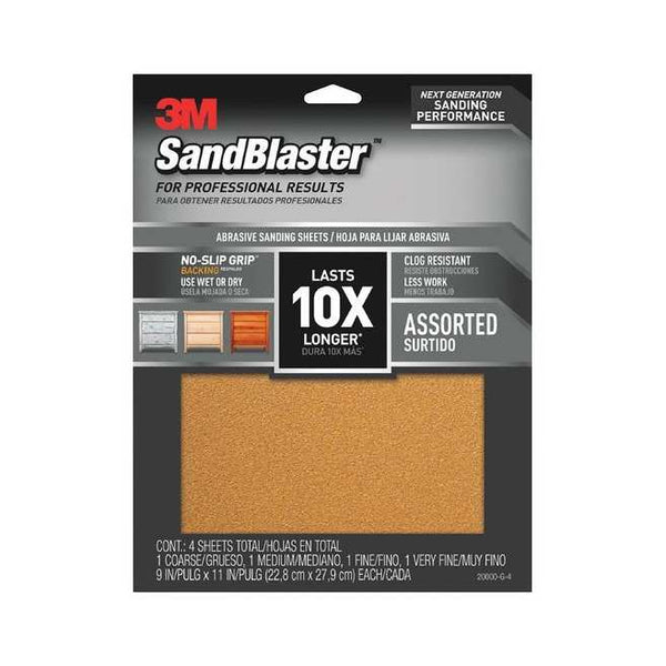 3M 20000-G-4 SandBlaster Sandpaper with No-Slip Grip, Assorted, 9"x11", 4-Pack
