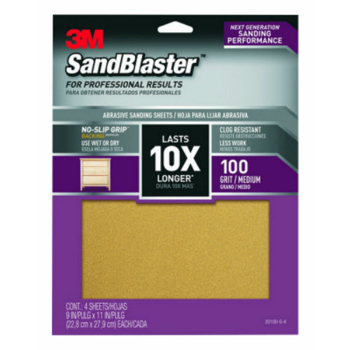 3M 20100-G-4 SandBlaster Sandpaper with No-Slip Grip, 100-Grit, 9"x11", 4-Pack