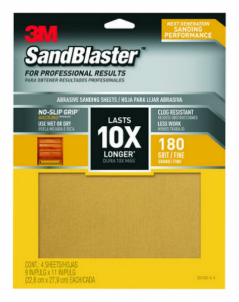 3M 20180-G-4 SandBlaster Sandpaper with No-Slip Grip, 180-Grit, 9"x11", 4-Pack