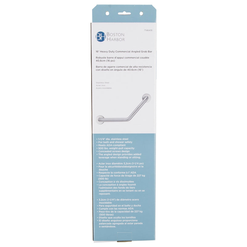 Boston Harbor YG01-01-1.5 Angled Grab Bar, Stainless Steel, 16" L