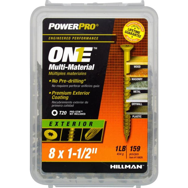 Hillman 116826 PowerPro One Multi-Material Exterior Screw, #8x1-1/2", 164-Pack