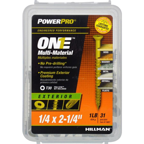 Hillman 116857 PowerPro One Multi-Material Exterior Screw 1/4"x2-1/4", 31-Pack