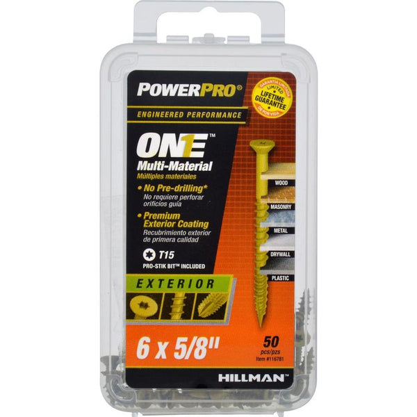 Hillman 116781 PowerPro One Exterior Multi-Material Screws, #6 x 5/8", 50-Pack