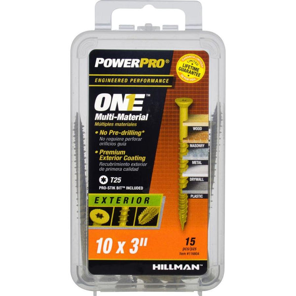 Hillman 116804 PowerPro One Multi-Material Exterior Screws, #10 x 3", 15-Pack