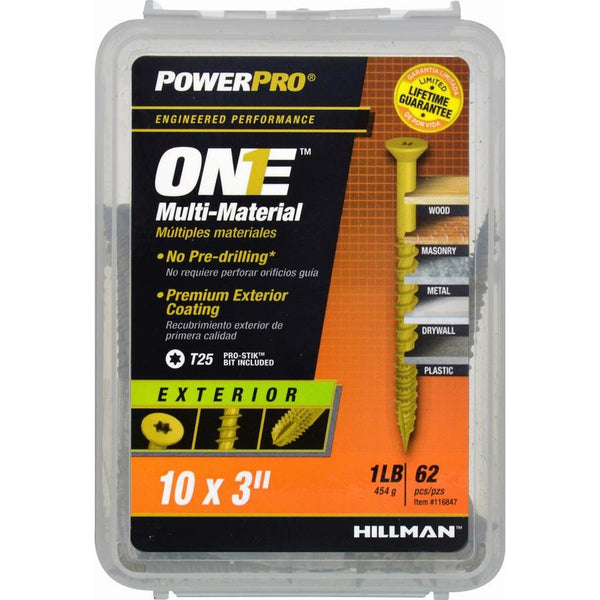 Hillman 116847 PowerPro One Multi-Material Exterior Screws, #10 x 3", 62-Pack