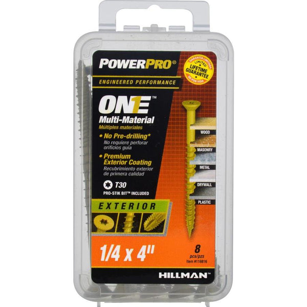 Hillman 116816 PowerPro One Multi-Material Exterior Screws, 1/4" x 4", 8-Pack