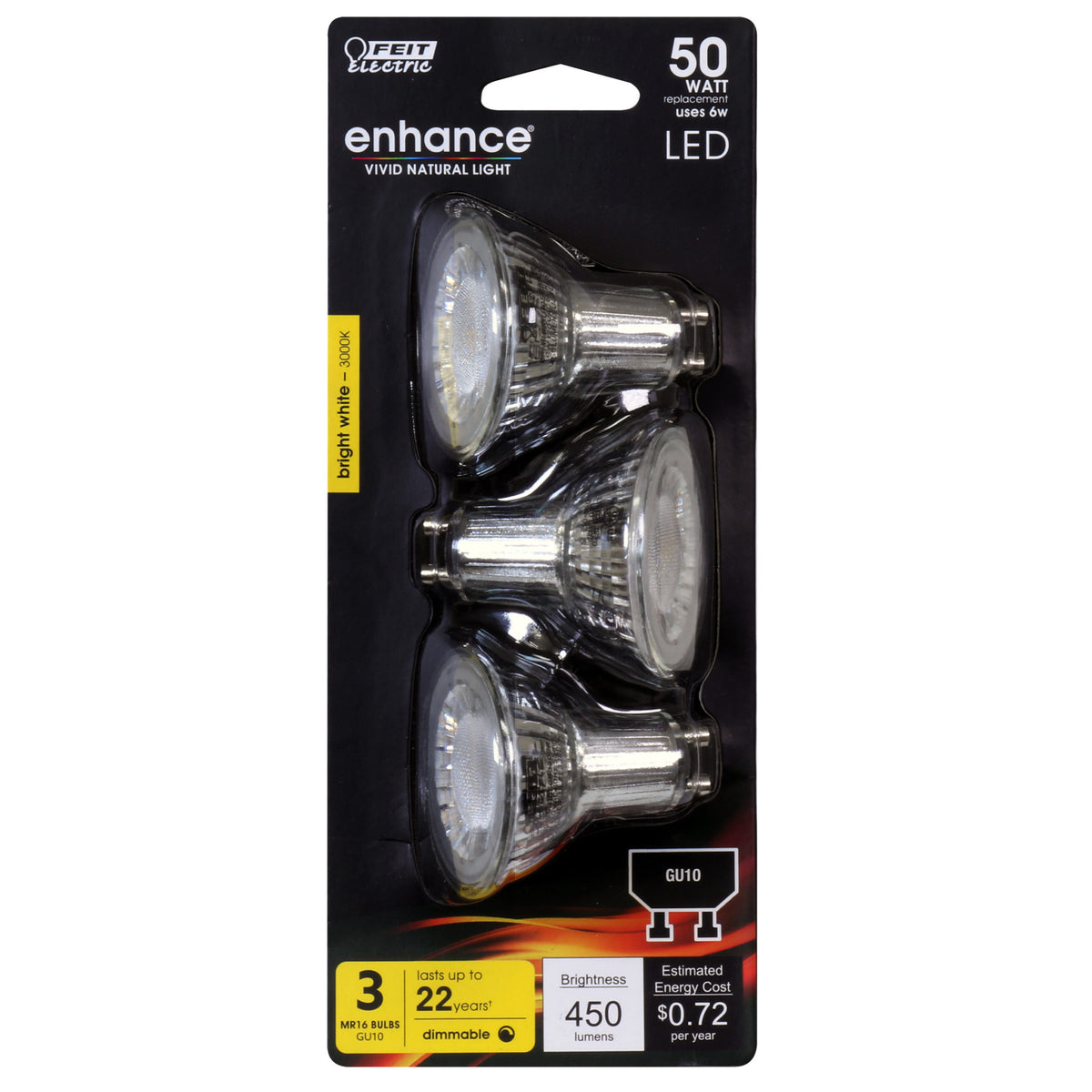 Feit BPMR16GU10500930CA/3 Dimmable MR16 LED Bulb, 6W, Bright White, 3-Pack