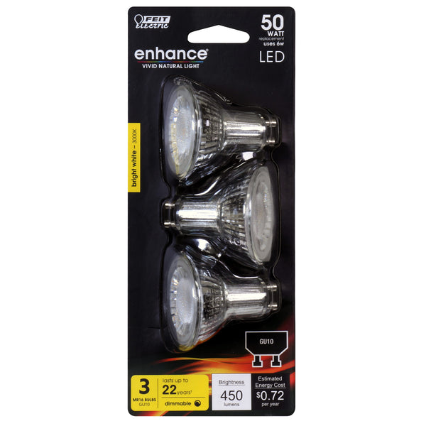 Feit BPMR16GU10500930CA/3 Dimmable MR16 LED Bulb, 6W, Bright White, 3-Pack