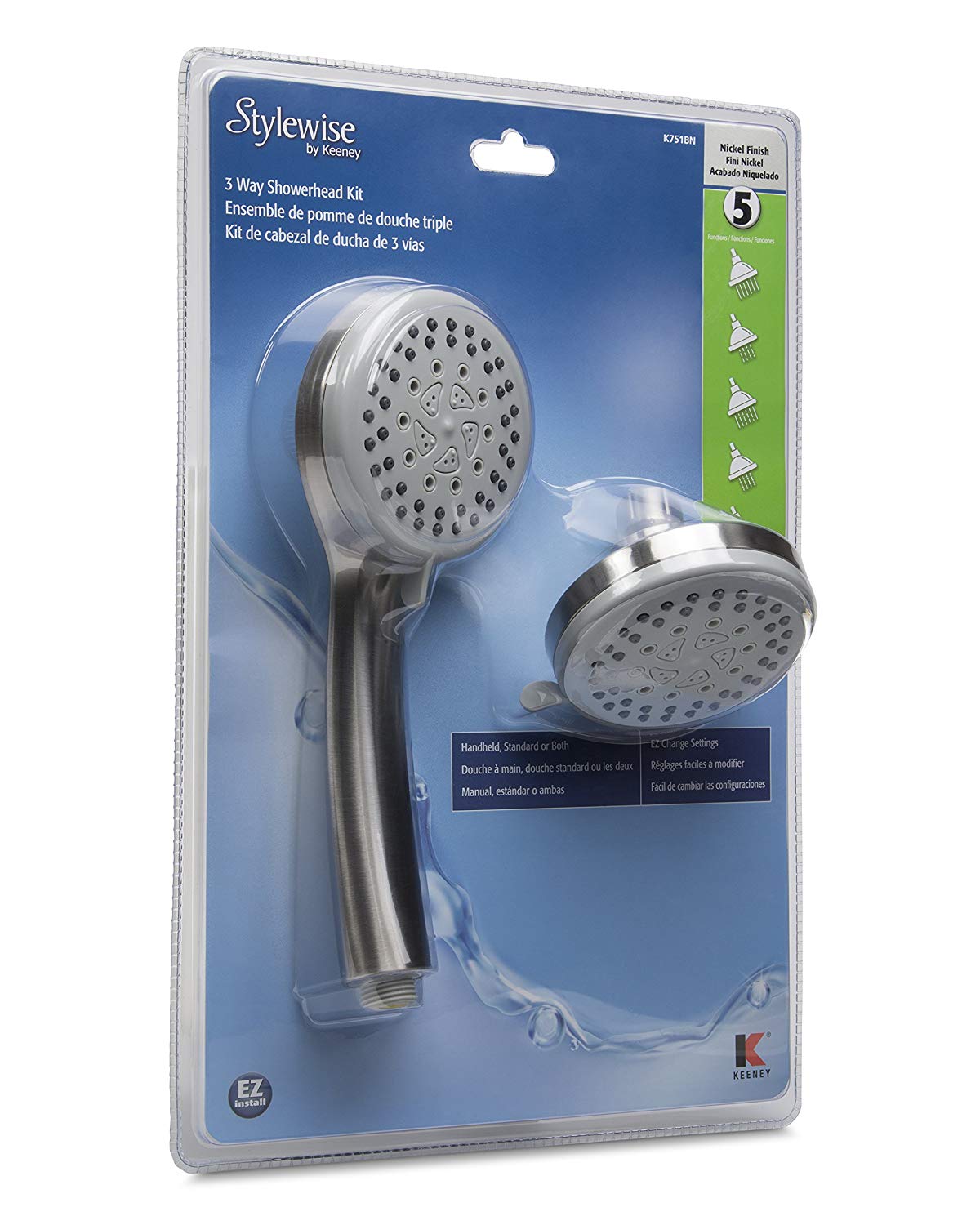 Keeney K751BN Stylewise 3-Function 3-Way Shower Head Kit, Brushed Nickel,1.8 GPM
