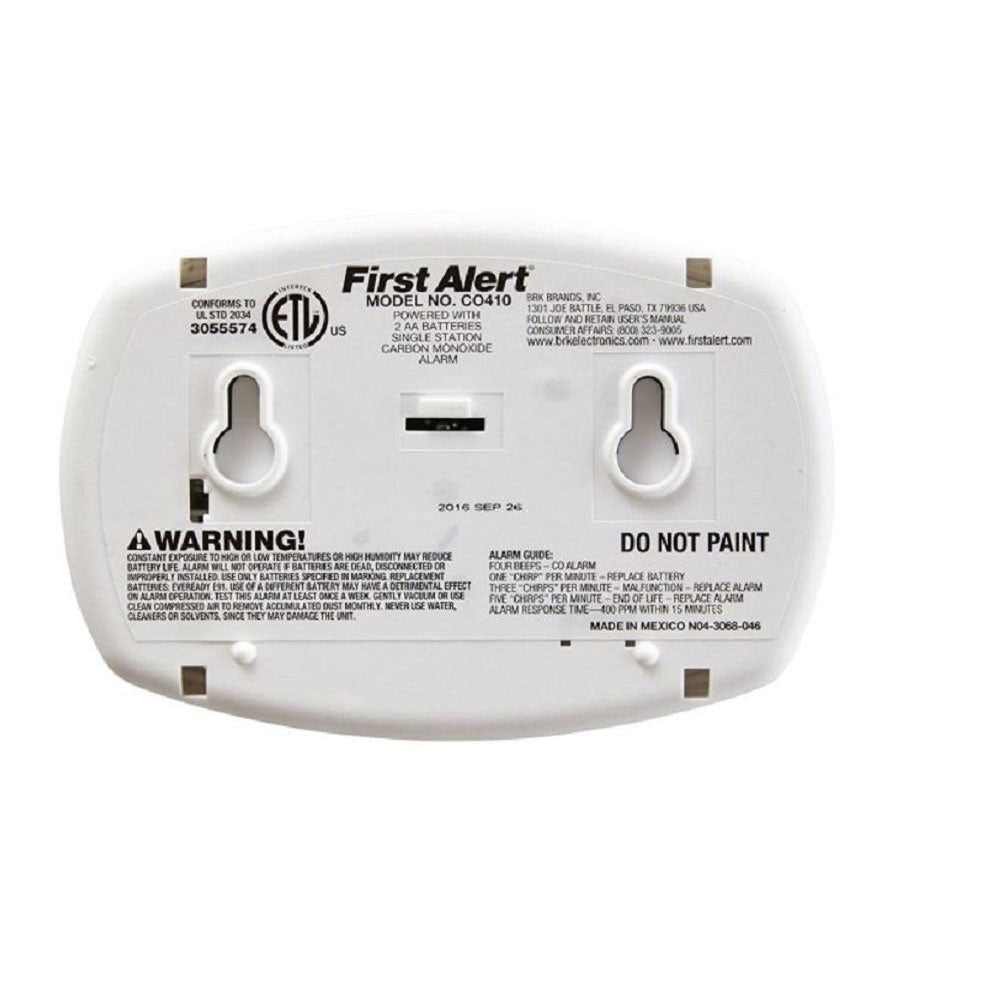 First Alert 1039727/CO410 Electrochemical Carbon Monoxide Detector, 9 Volts, White
