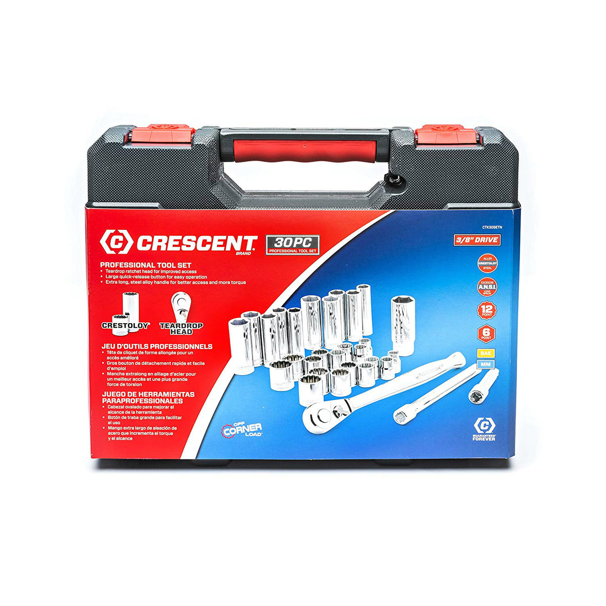 Crescent CTK30SETN Standard & Deep SAE/Metric Mechanics Tool Set, 3/8" Dr, 30-Pc