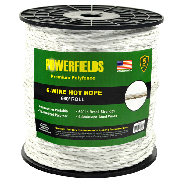 Powerfields EWHR-660 Premium Polyfence 6-Wire Hot Rope, White, 1/4" x 660'