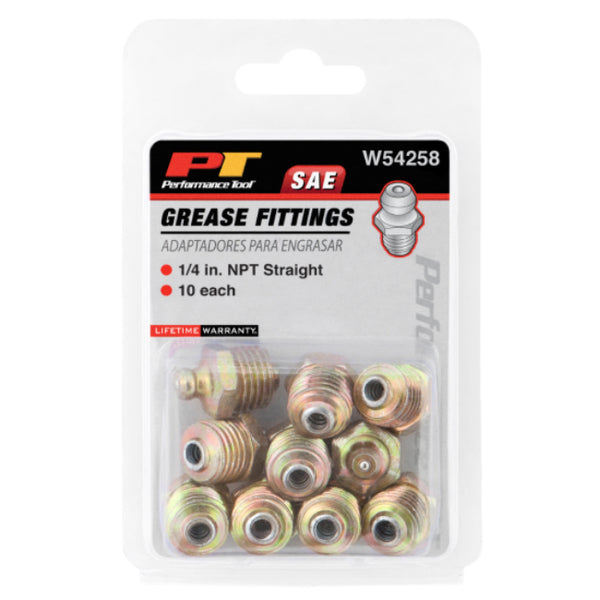 Performance Tool W54246 SAE Straight Grease Fittings, 1/4" NPT, 10-Pack