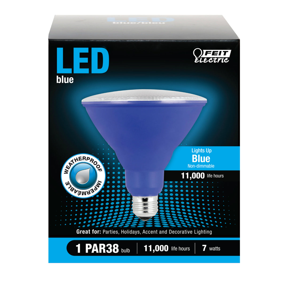 Feit PAR38/B/10KLED/BX Non-Dimmable Blue LED Bulb, PAR38, 7W