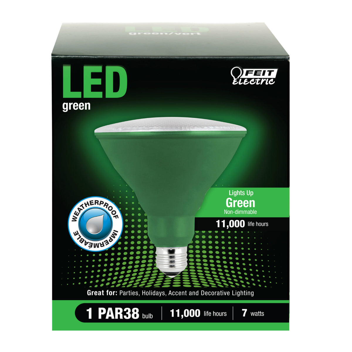 Feit PAR38/G/10KLED/BX Non-Dimmable Green LED Bulb, PAR38, 7W