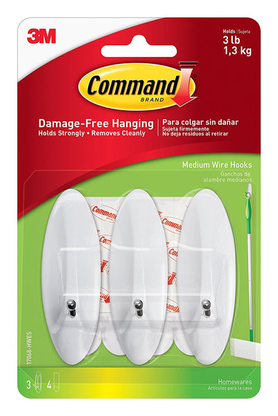 Command 17068-HWES Medium Wire Hooks, White, 3 Hooks & 4 Strips