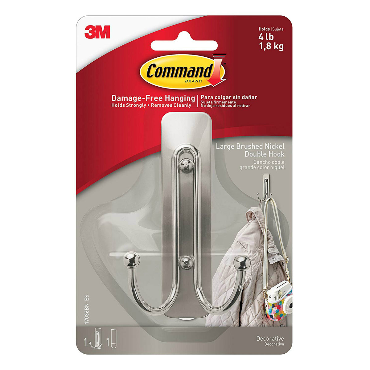 Command 17036BN-ES Brushed Nickel Double Hook with Strips, Large