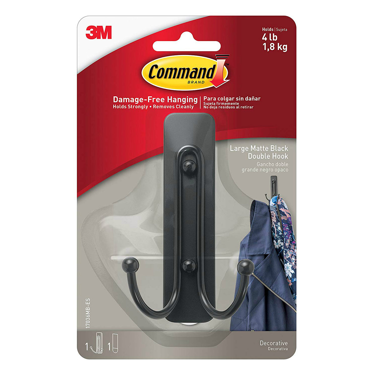 Command 17036MB-ES Matte Black Double Hook, Large