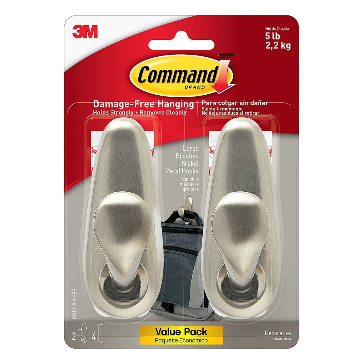 Command FC13-BN-2ES Brushed Nickel Metal Hooks, Large, 2-Pack