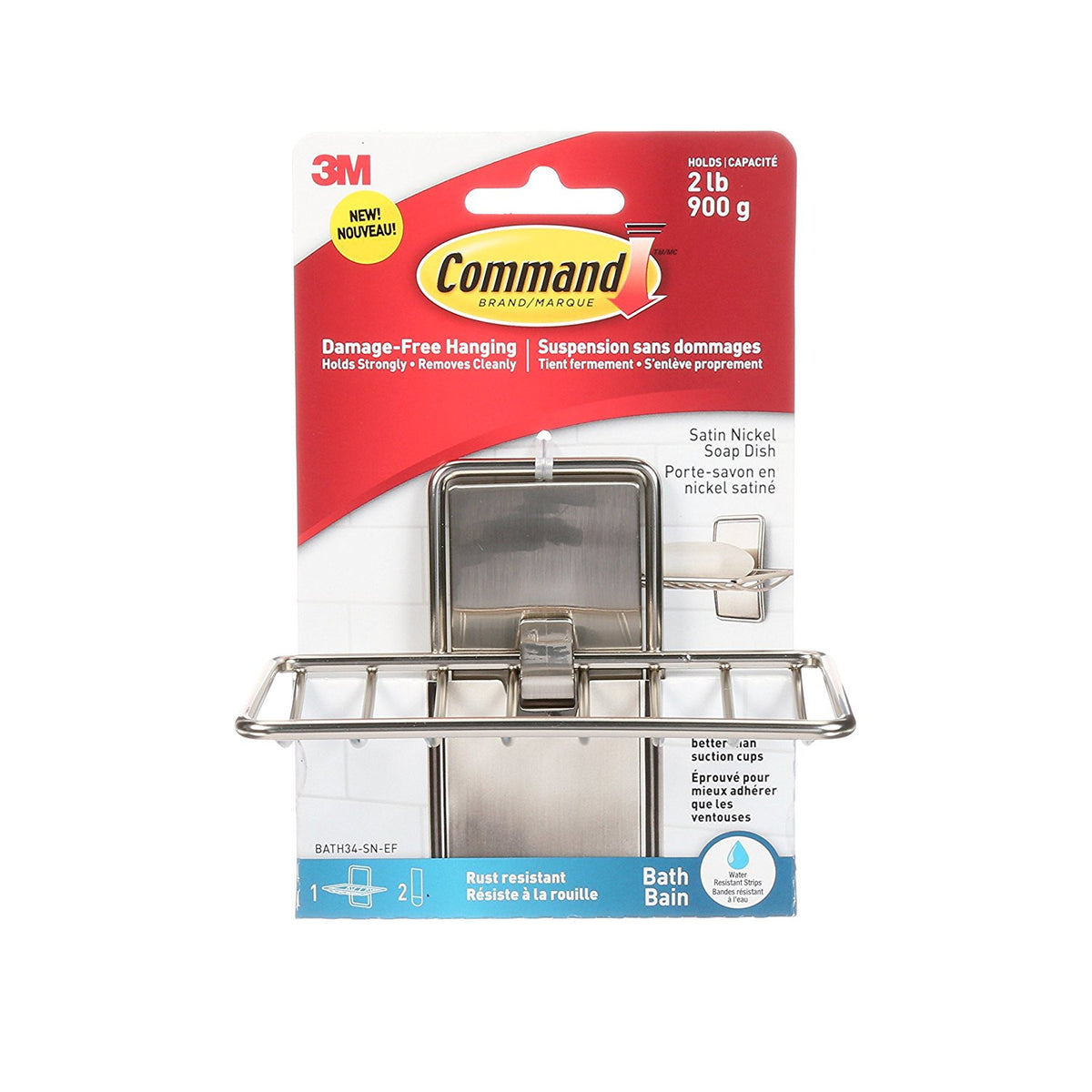 Command BATH34-SN-ES Bath Soap Dish with 2 Strips, Satin Nickel