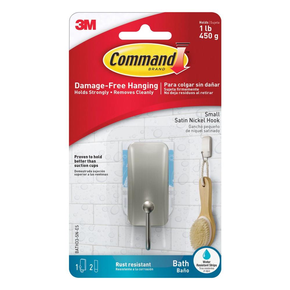 Command BATH33-SN-ES Small Bath Hook with 2 Strips, Satin Nickel