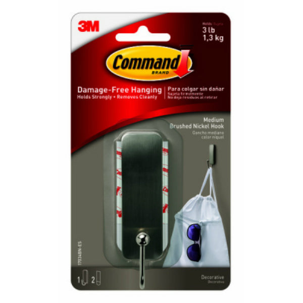Command 17034BN-ES Brushed Nickel Decorative Hook with 2 Strips, Medium