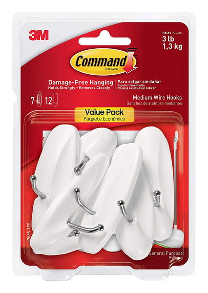Command 17068-7ES Medium Wire Hooks Value Pack, White, 7 Hooks & 12 Strips
