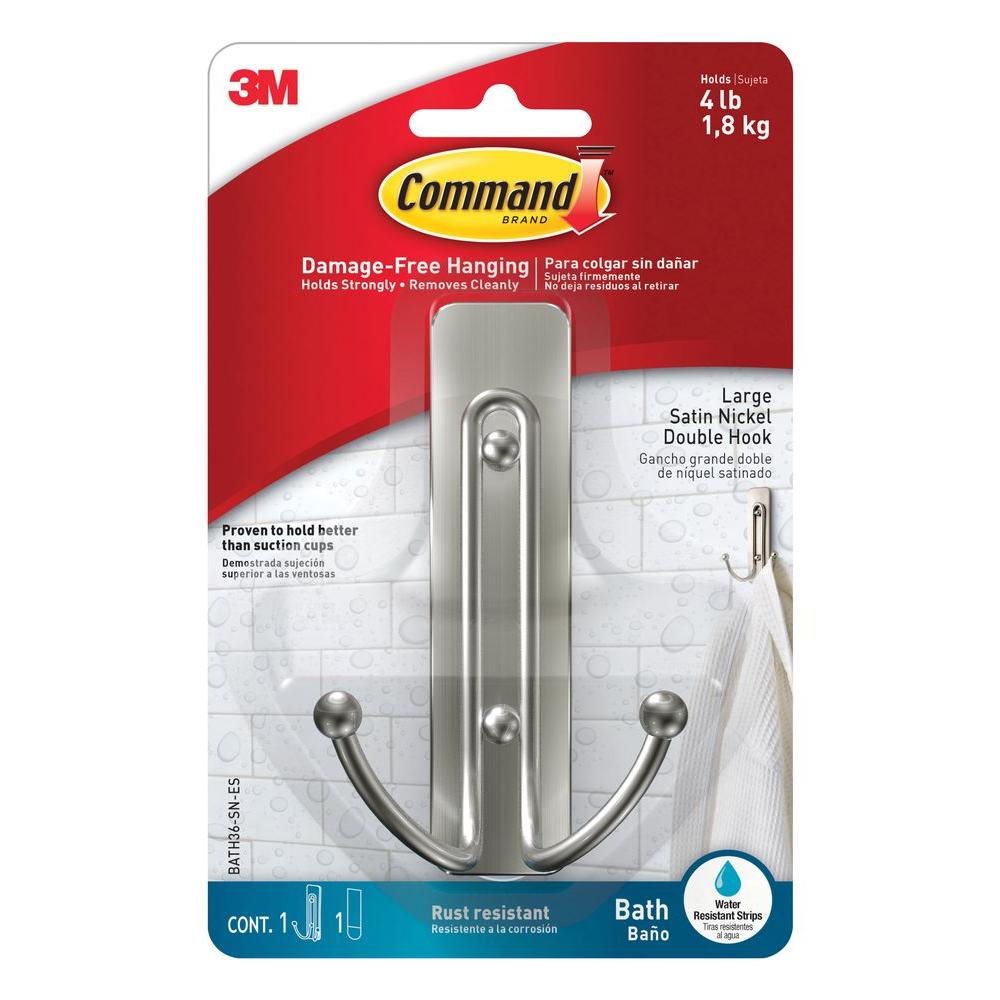 Command BATH36-SN-ES Large Double Bath Hook, Satin Nickel