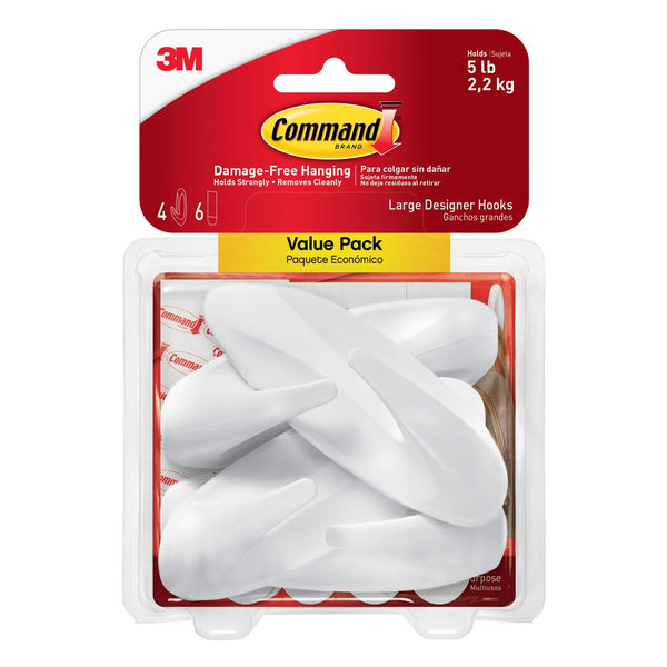 Command 17083-4ES Large Designer Hooks Value Pack, White, 4 Hooks & 6 Strips