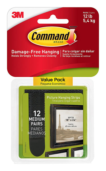 Command 17204BLK-12ES Picture Hanging Strips Value Pack, Black, Medium, 12-Pair