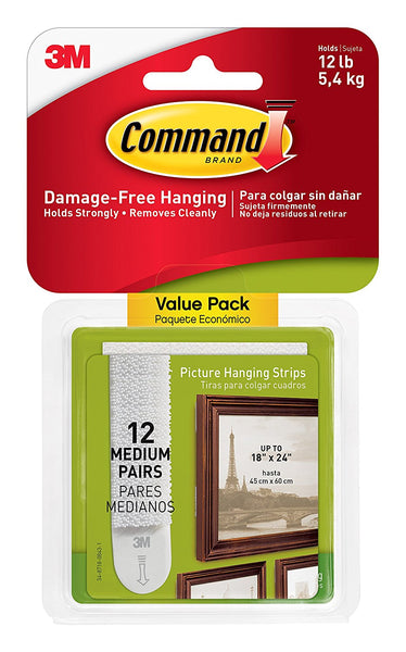 Command 17204-12ES Picture Hanging Strips Value Pack, White, Medium, 12-Pairs