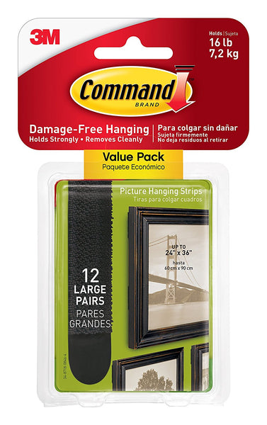 Command 17206BLK-12ES Picture Hanging Strips Value Pack, Black, Large, 12-Pair