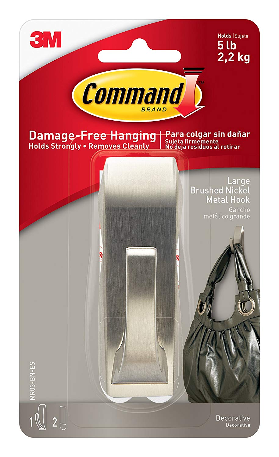 Command MR03-BN-ES Modern Reflections Metal Hook, Brushed Nickel, Large