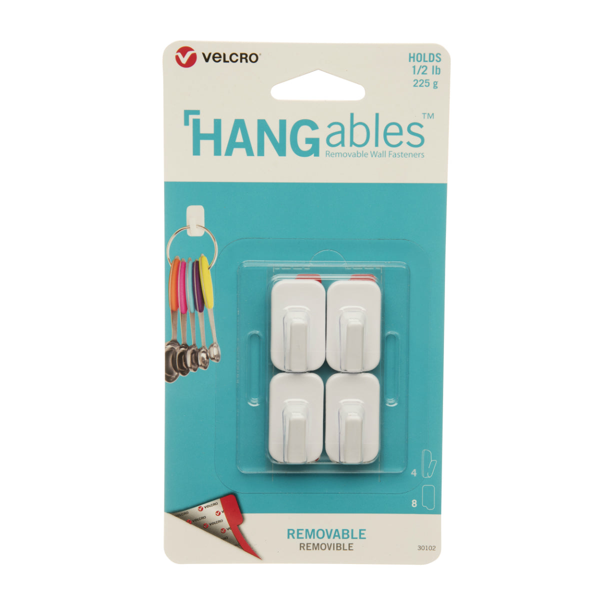 Velcro® VEL-30102-USA HANGABLES Removable Adhesive Wall Hooks, White, 4-Count