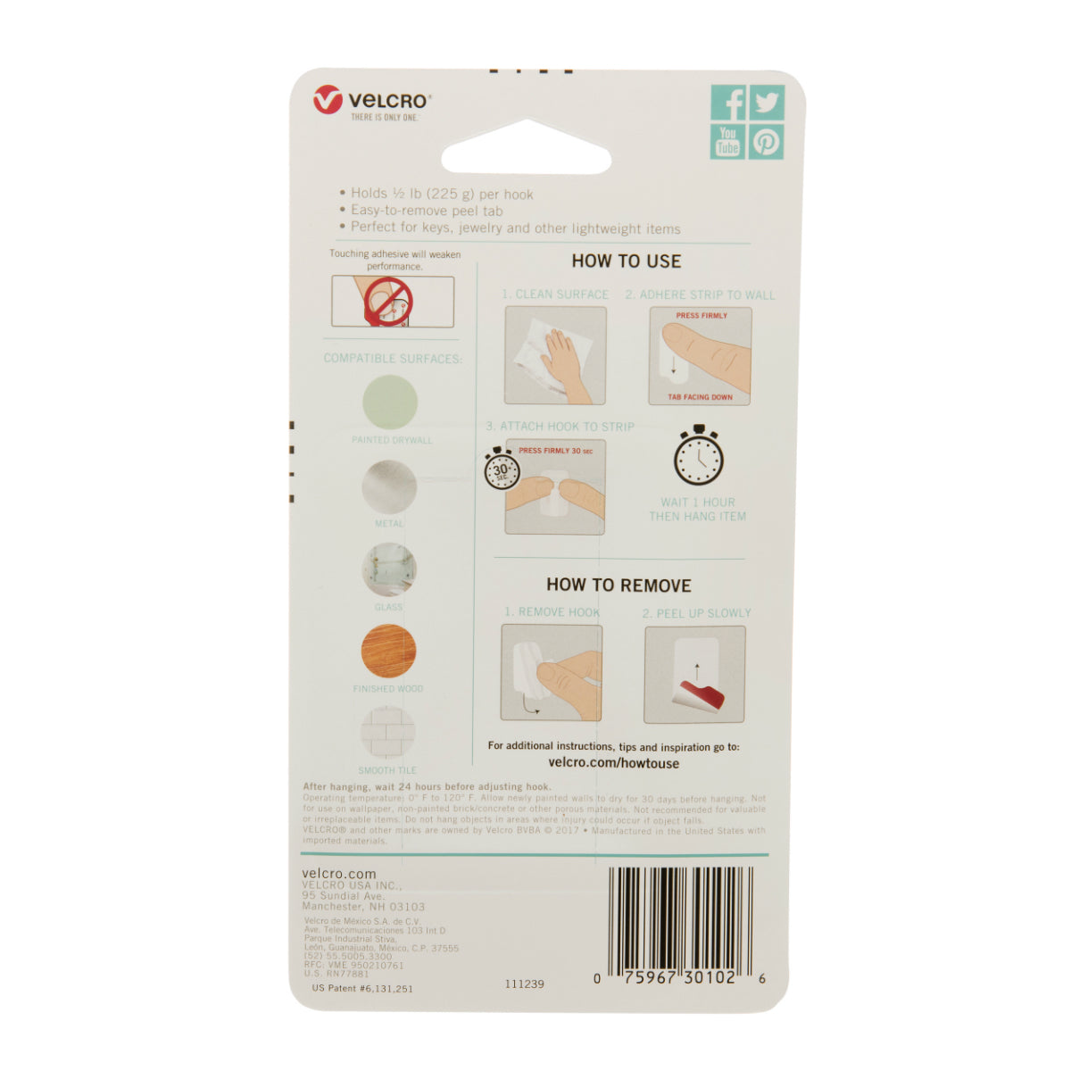 Velcro® VEL-30102-USA HANGABLES Removable Adhesive Wall Hooks, White, 4-Count