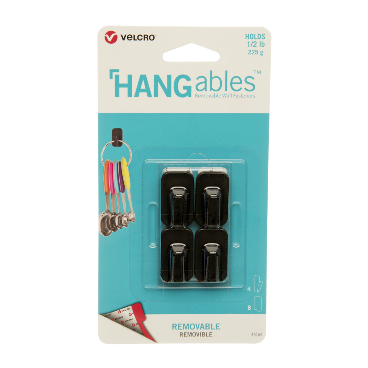 Velcro VEL-30105-USA HANGABLES Removable Adhesive Wall Hooks, Black, 4-Count