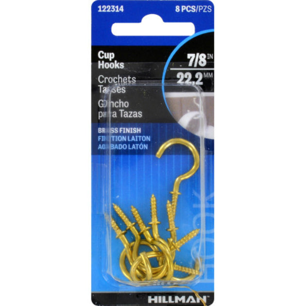 Hillman 122314 Brass Finish Cup Hooks, 7/8", 8-Pieces