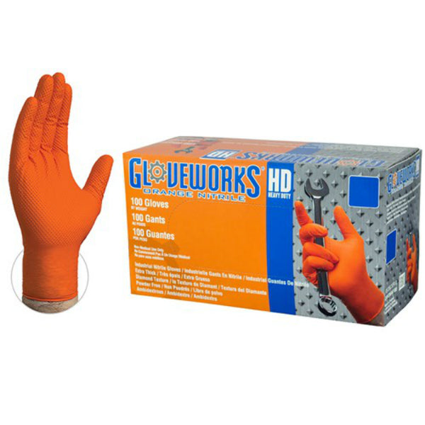 Gloveworks GWON46100 Orange Nitrile Latex Free Disposable Glove, Large