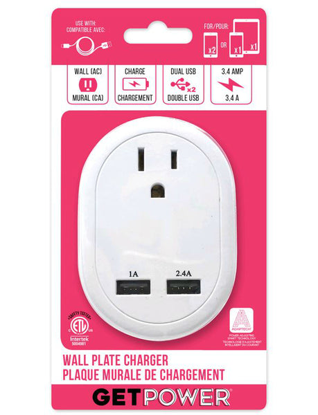 GetPower GP-AC-3AMP-WHI AC Wall Plate Adapter to 1 AC & 2 USB Ports, 3.4A, White