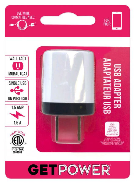 GetPower GP-ACUSB-ETL Single USB to AC Wall Adapter, 1.5 Amp
