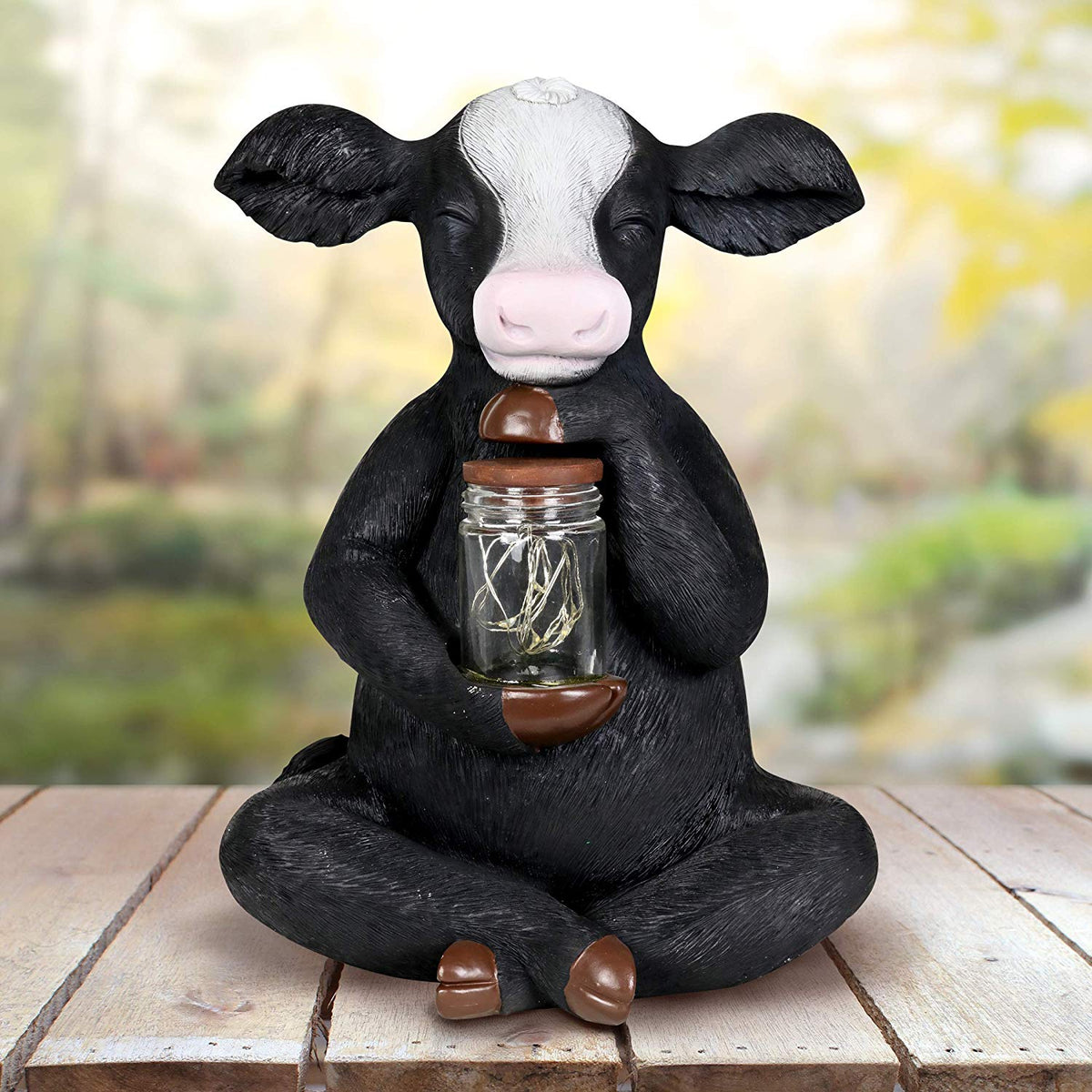 Exhart 13708 Solar Cow Garden Statue with LED Firefly Lights Glass Jar