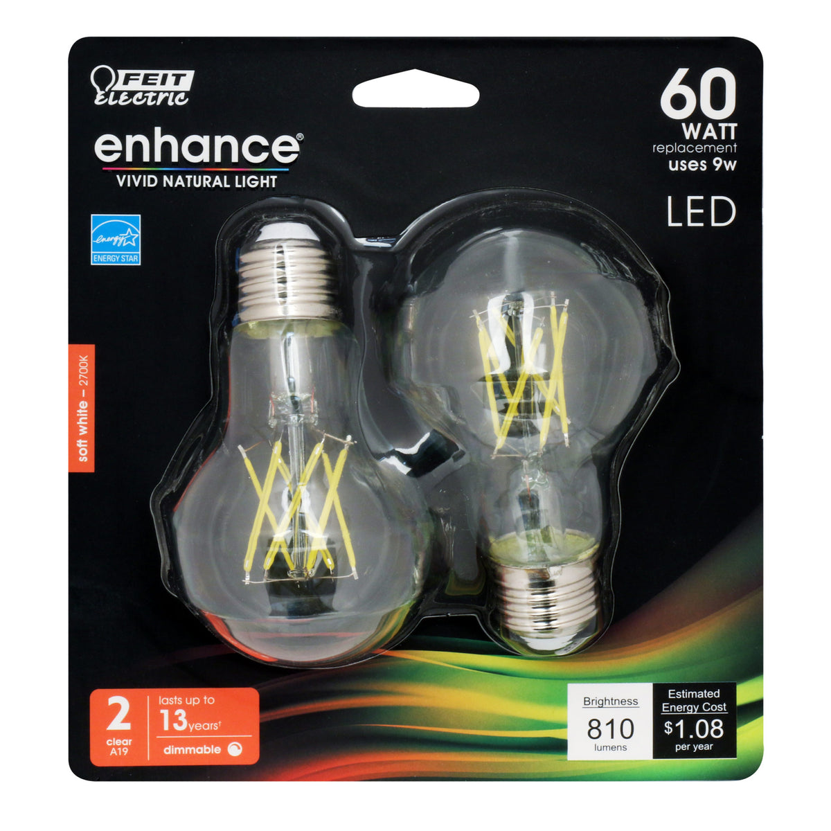 Feit BPA1960CL927CAFIL2RP Dimmable A19 Filament LED Bulb, Soft White, 9W, 2-Pack