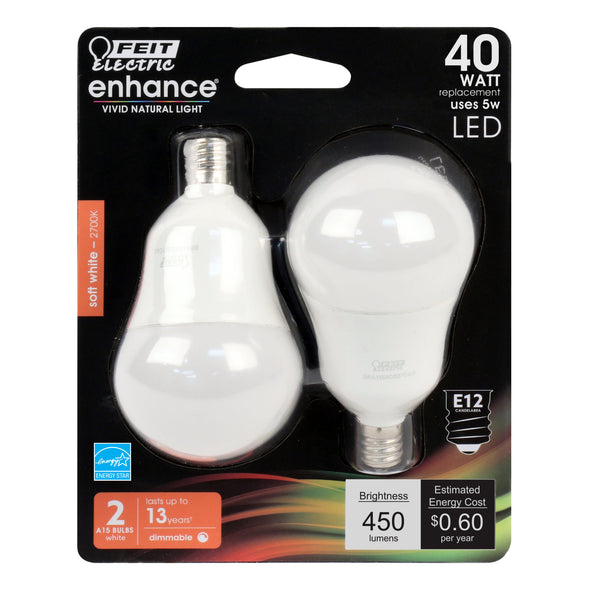 Feit BPA1540C/927CA/2 Dimmable A15 Frosted LED Bulb, 5W, Soft White, 2-Pack