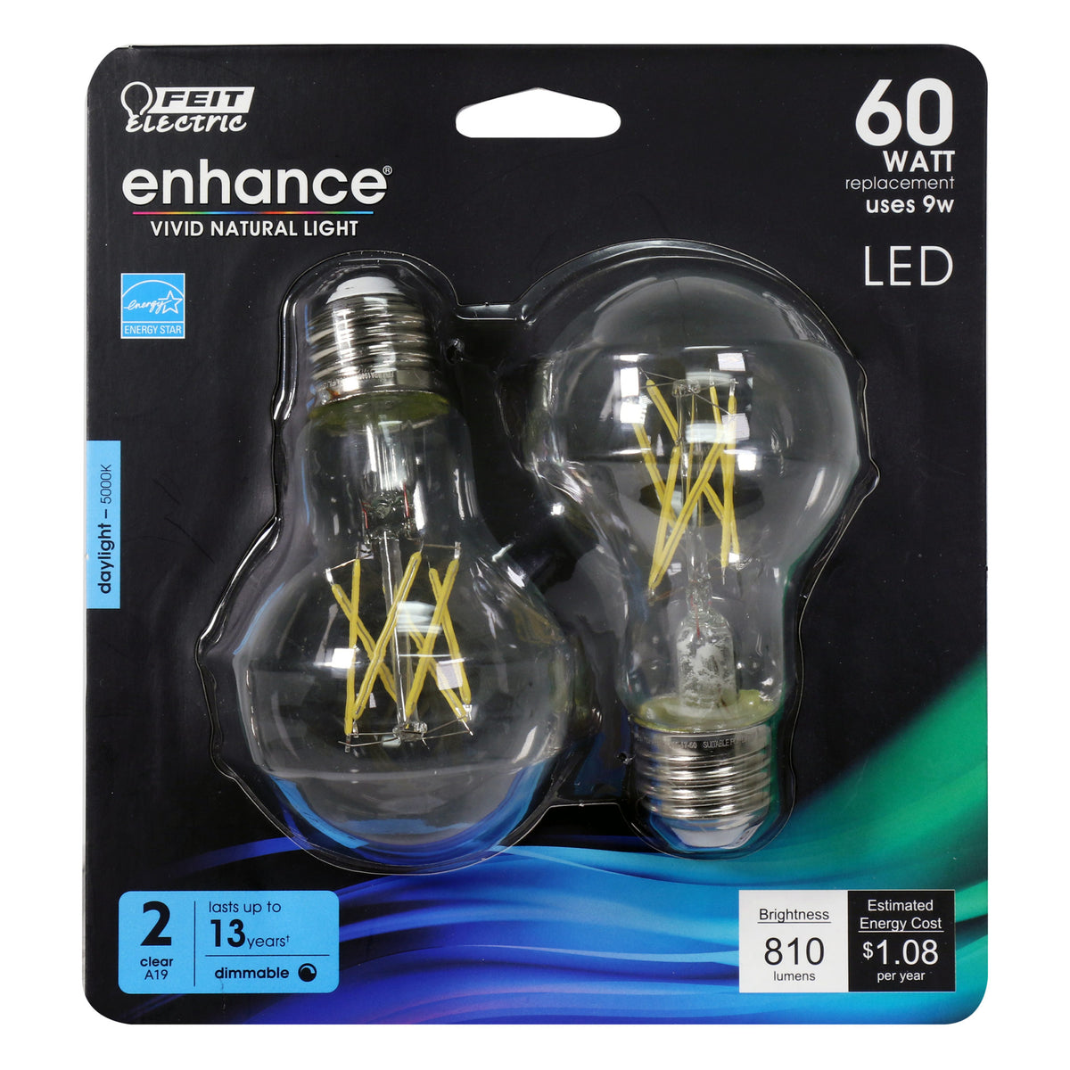 Feit BPA1960CL950CAFIL2RP Dimmable A19 Filament LED Bulb, Daylight, 9W, 2-Pack