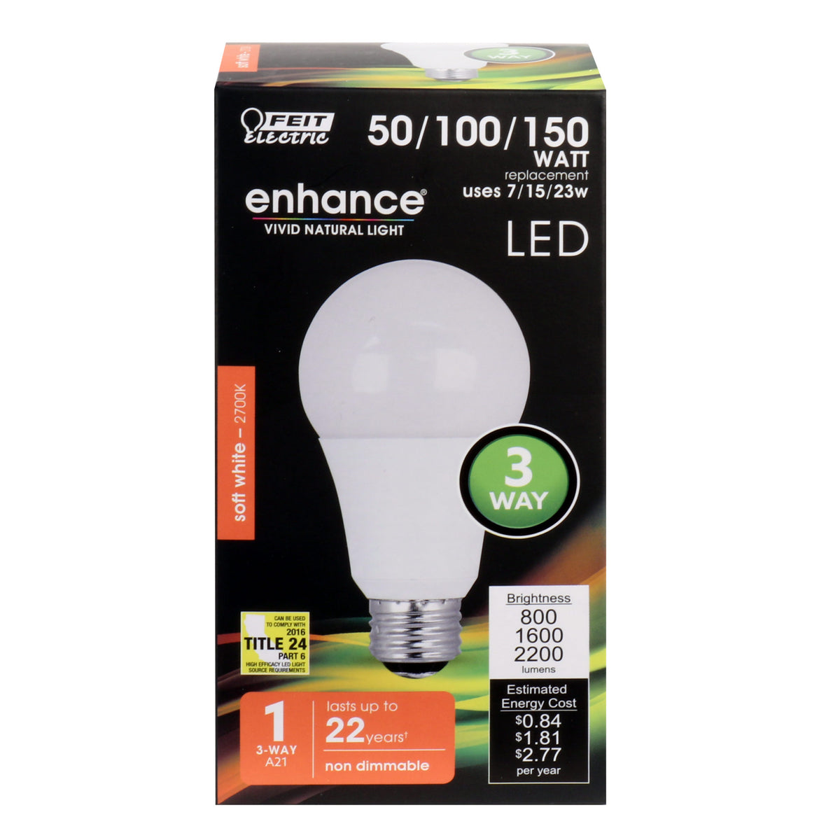 Feit A50/150/927CA Non-Dimmable 3-Way A21 LED Bulb, 2700K, 800/1600/2200 Lumen