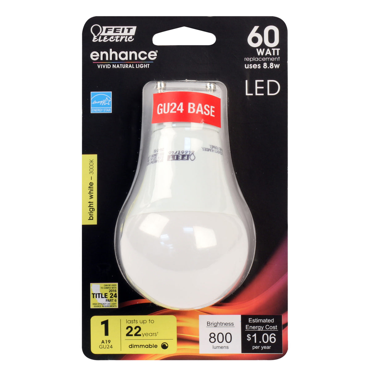 Feit Electric BPOM60DM/930CA/GU24 Dimmable A19 LED Bulb, 8.8W, Bright White