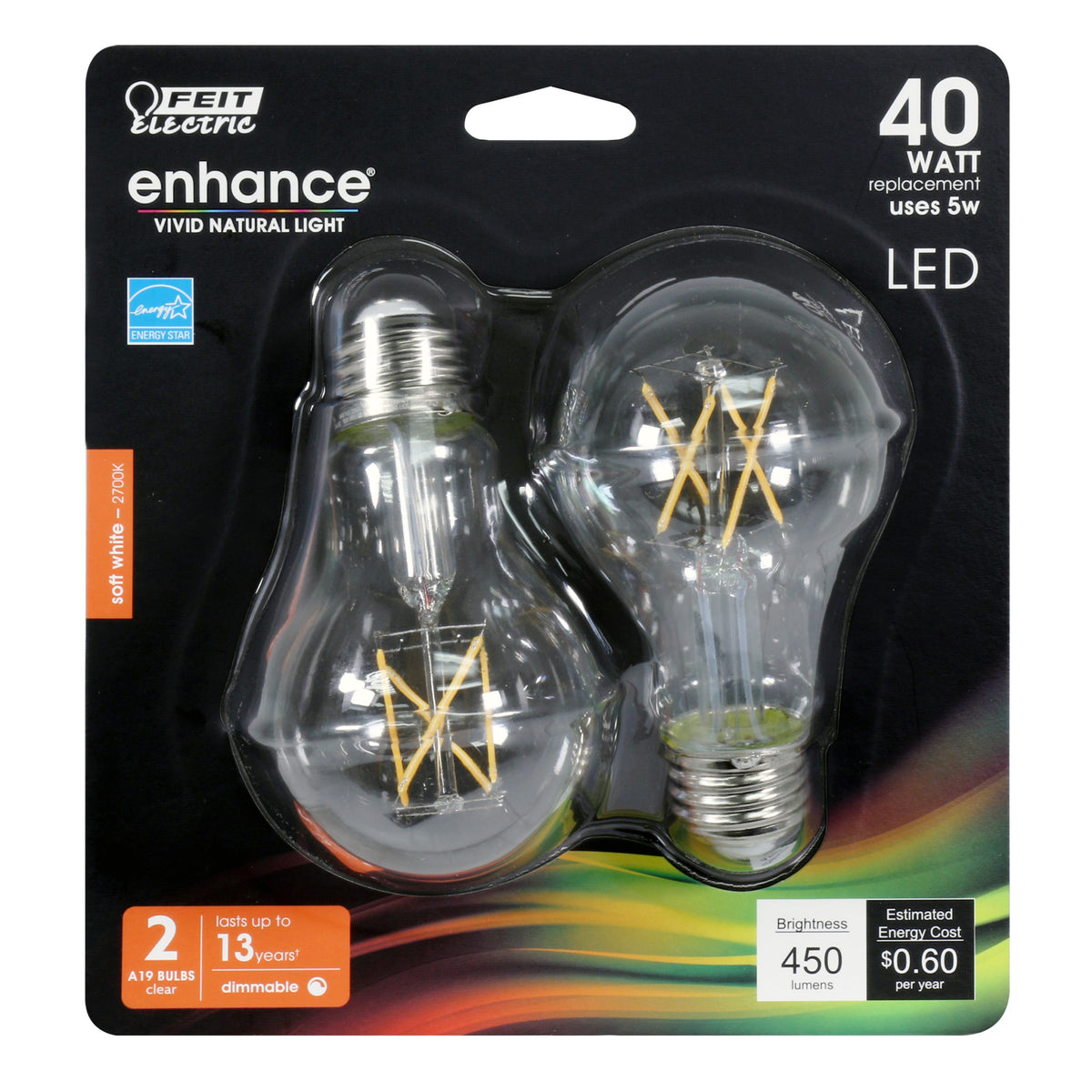 Feit BPA1940CL927CAFIL2RP Dimmable A19 Clear LED Bulb, 5W, Soft White, 2-Pack